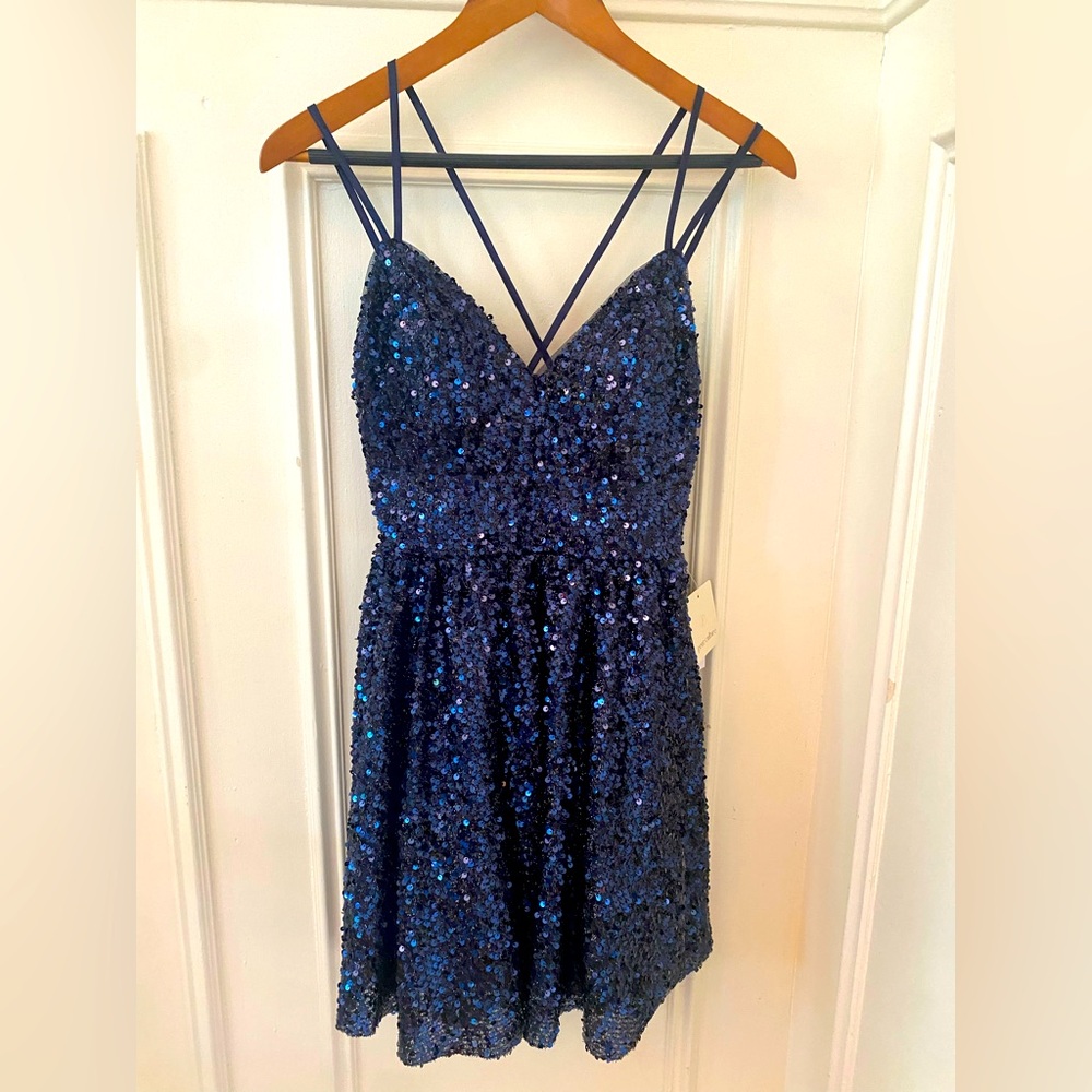Pear Culture Junior’s Fit and Flare Mini Dress Midnight Blue Sequins